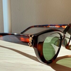 Saint Laurent Tortoise Frame Sunglasses with Green Lenses